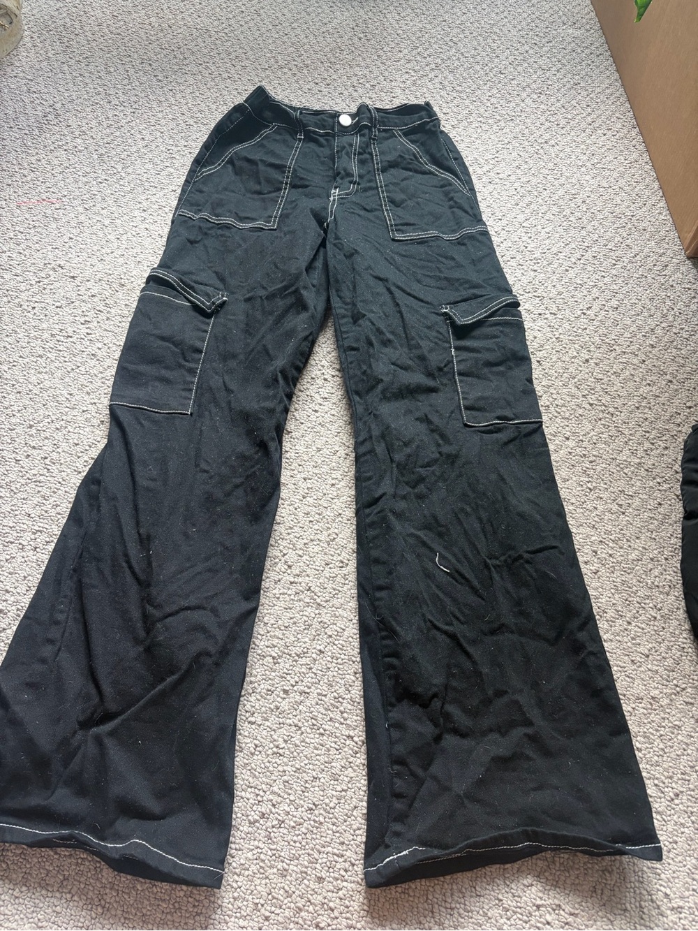 Black Flared Cargo Pants with Contrast Stitching